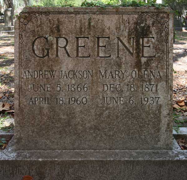 Andrew Jackson & Mary Olena Greene Gravestone Photo