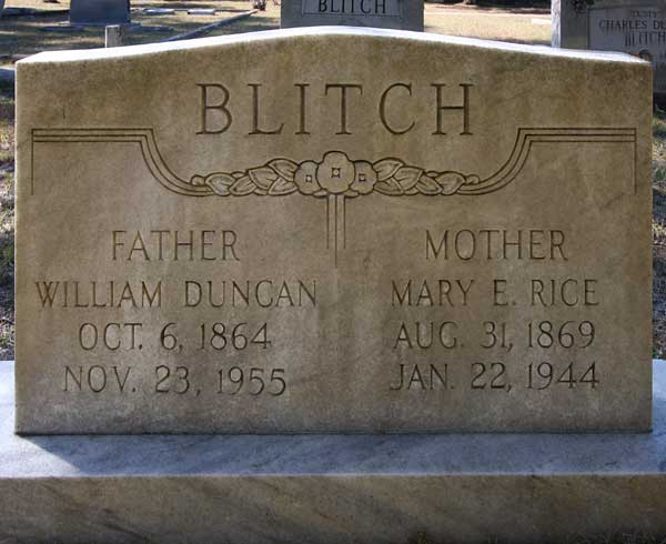 William Duncan & Mary E. Rice Blitch Gravestone Photo